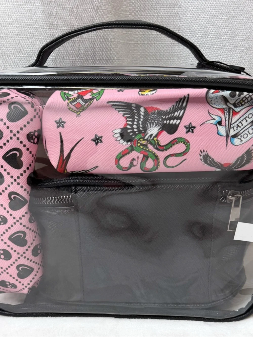 NWT Ed Hardy 4PC Travel Cosmetic Case Set Pink Skull Y2K